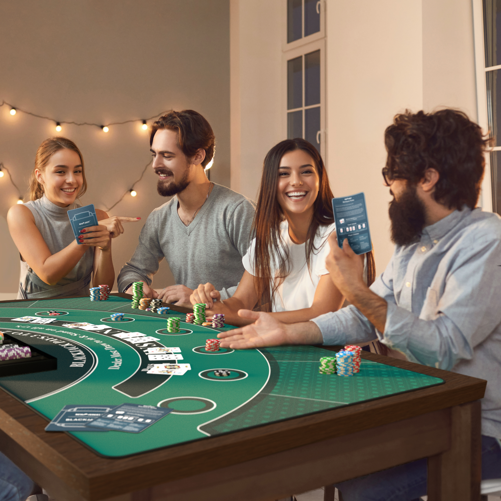 friends playing blackjack together on the newverest blackjack mat