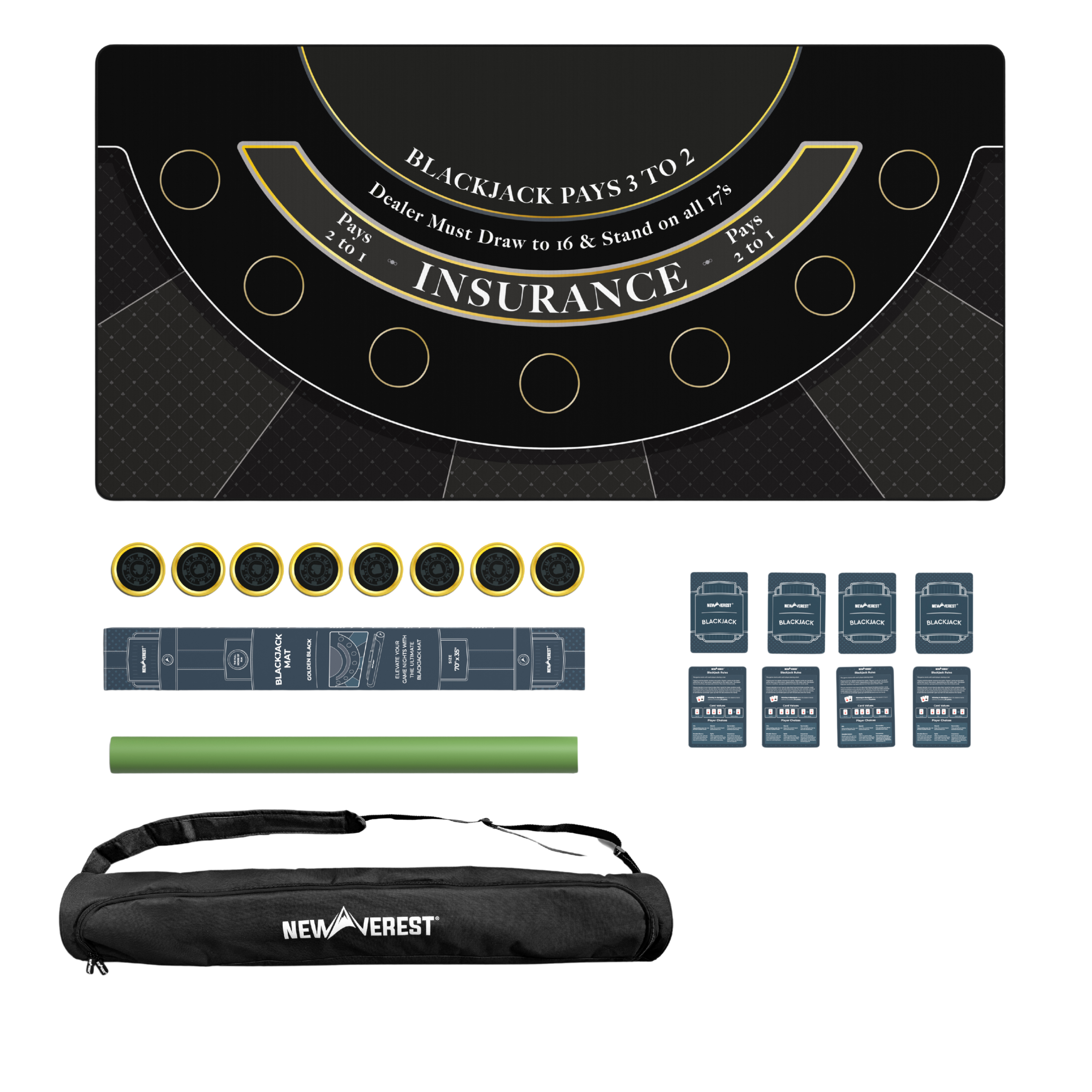 all items included in blackjack mat purchase, one blackjack mat, eight coasters, eight cheat sheets, 1 gift ready packaging, 1 rolling tube, 1 zipper bag with shoulder strap