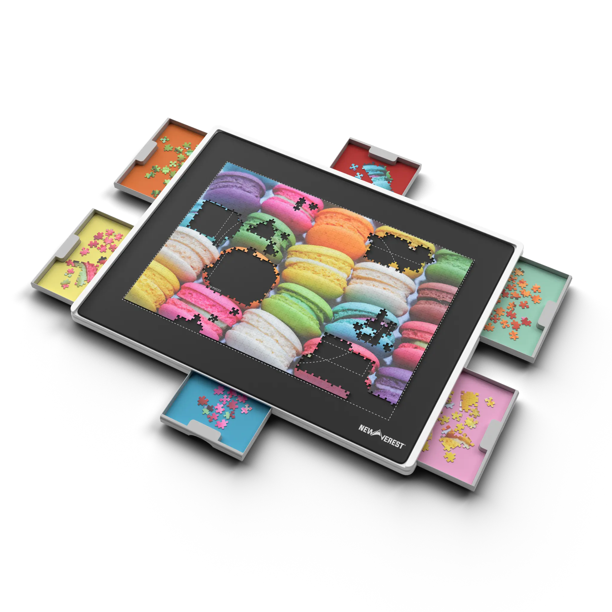 Newverest rotating puzzle board with six color-coded sorting drawers