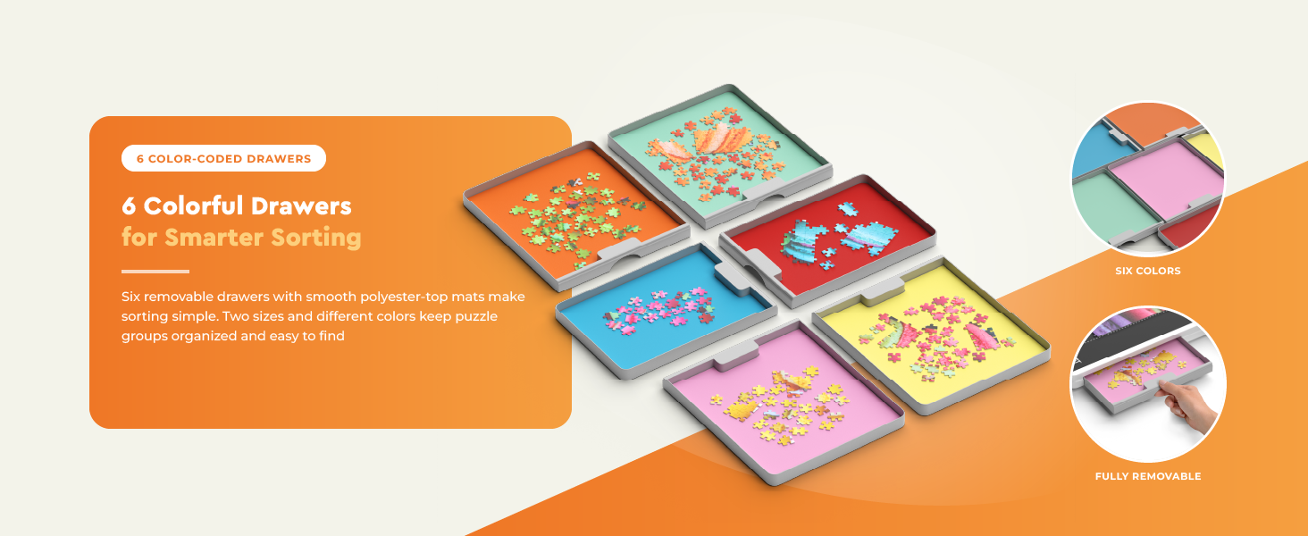 Six removable color-coded puzzle sorting drawers